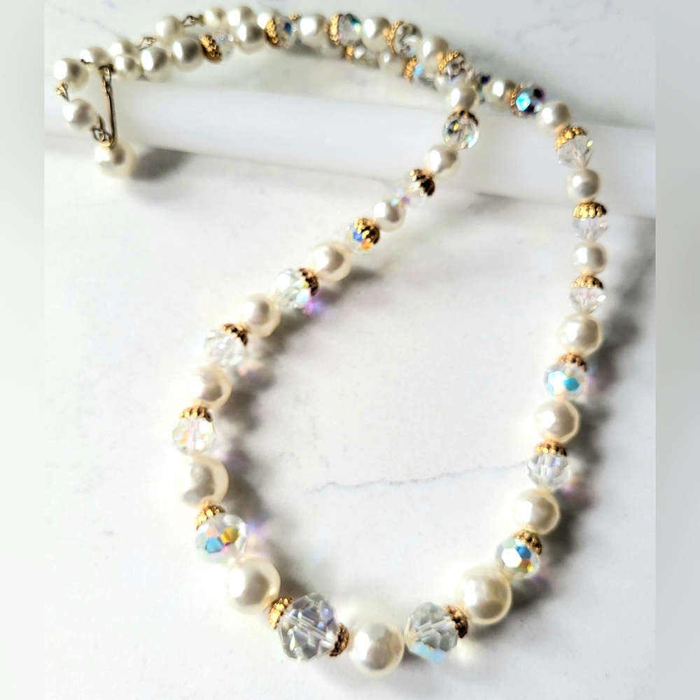 Pearl and Aurora Borealis Crystal Vintage Necklace |  Beautiful! | 24” | EUC